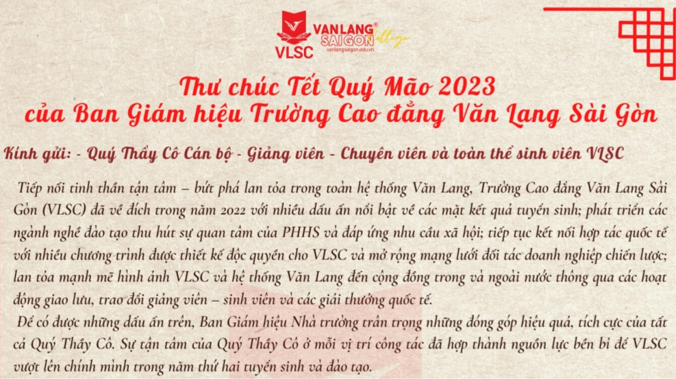 Thư chúc mừng năm mới của Hiệu trưởng trường Cao đẳng Văn Lang Sài Gòn
